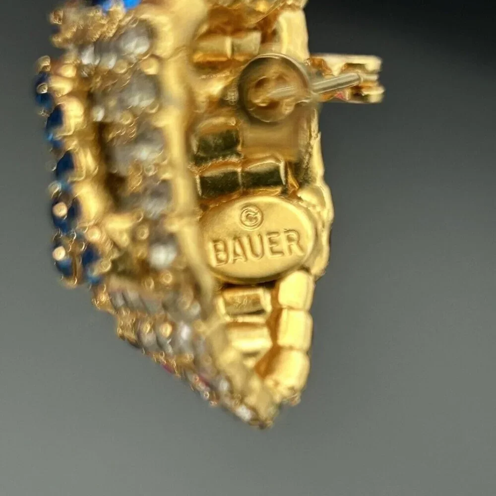 Vintage Bauer Brooch Pin Dreidel Gold Tone Clear Blue Rhinestones Bling 3D